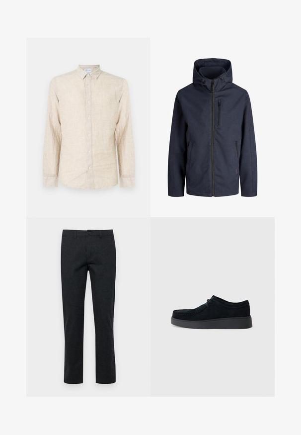 Marineblaue Kapuzenjacke mit durchgehendem Frontreißverschluss, Reißverschlusstasche auf der Brust und zwei seitlichen Taschen. Einfacher, wetterfester Stoff.; Beige Langarmhemd aus strukturiertem Stoff, mit klassischem Kragen, Knopfverschluss und lässiger Passform.; Dunkelgraue Anzughose aus strukturiertem Stoff, mit geradem Bein, Gürtelschlaufen und einem Knopfverschluss vorne.; Schwarzer Wildlederschuh mit niedrigem Profil, runder Spitze, dezentem Nähen und Gummisohle. Mit Schnürverschluss und minimalistischem Design.