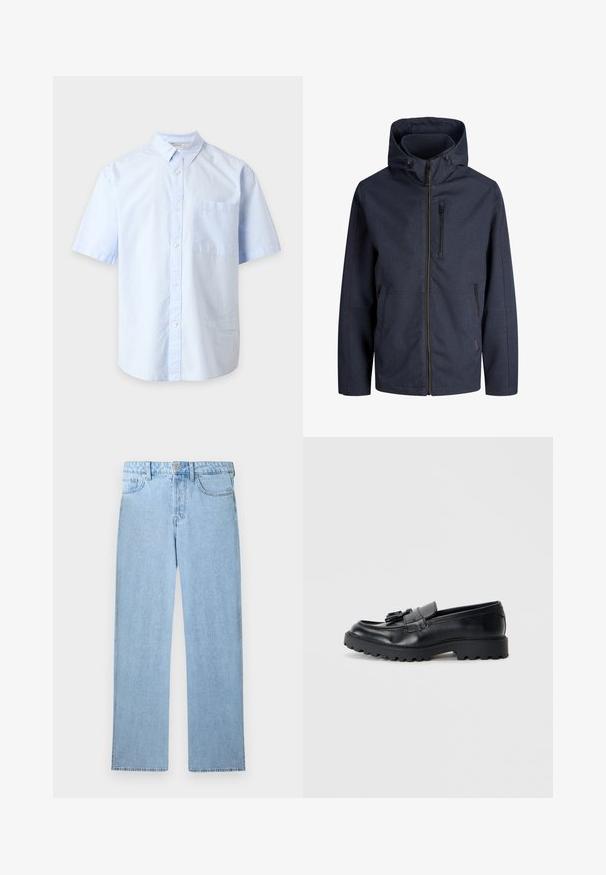 Veste à capuche bleu marine avec fermeture éclair complète à l'avant, poche poitrine zippée et deux poches latérales. Tissu simple et résistant aux intempéries.; Chemise bleu clair à manches courtes avec col et poche poitrine, présentée sur un fond gris clair uni.; Jean denim bleu clair taille haute avec jambe droite, fermeture à bouton et zip à l'avant, et design à cinq poches sur fond blanc.; Mocassins en cuir noir avec une finition brillante, semelle en caoutchouc épaisse et détail de frange décoratif à l'avant.