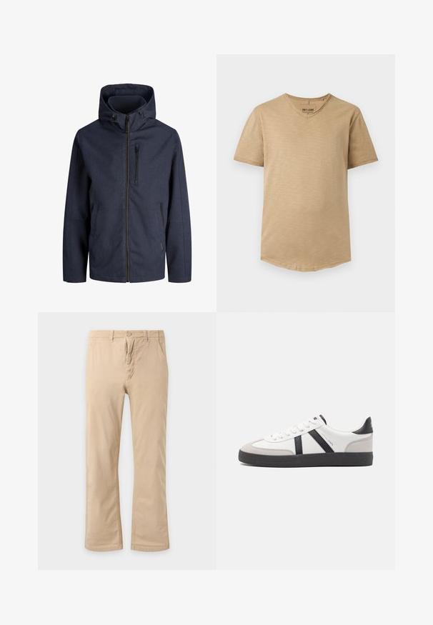 Veste à capuche bleu marine avec fermeture éclair complète à l'avant, poche poitrine zippée et deux poches latérales. Tissu simple et résistant aux intempéries.; T-shirt beige homme à manches courtes et col en V, coupe slim et texture subtile, présenté à plat sur fond blanc.; Pantalon beige à jambes droites avec fermeture bouton et fermeture éclair, poches avant et passants pour ceinture sur fond clair.; Baskets blanches avec des accents noirs et gris, présentant un embout texturé gris, une semelle en caoutchouc noir et des lacets plats blancs. Design épuré, style minimaliste.