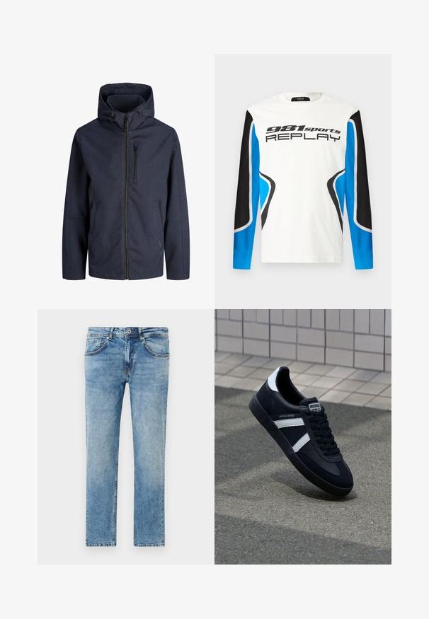 Marineblaue Kapuzenjacke mit durchgehendem Frontreißverschluss, Reißverschlusstasche auf der Brust und zwei seitlichen Taschen. Einfacher, wetterfester Stoff.; Langarm-Sportshirt mit weißer Vorderseite, schwarzen und blauen Ärmeln und dem Aufdruck "981 sports REPLAY" auf der Brust.; Helle blaue Jeans aus Denim mit geradem Bein-Design, fünf Taschen, dezenten Nähten und einem ausgewaschenen Finish.; Schwarze Leder-Sneaker mit weißen Streifen, strukturiertem Gummisohle und Schnürung. Verfügt über ein Markenetikett auf der Zunge.