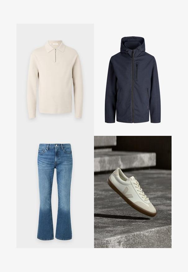 Marineblå hættejakke med fuld lynlås foran, lynlåslomme på brystet og to sidelommer. Enkel, vejrbestandig stof.; Beige langærmet sweater med krave og en kort lynlås foran, vist på hvid baggrund.; Blå denim jeans med høj talje og flared ben, med forlommer, bæltestropper og knaplukning.; Hvide læder sneakers med tanfarvet gummisål, flade snørebånd og V-formet detalje på siden. Har en glat overflade og minimale syninger.
