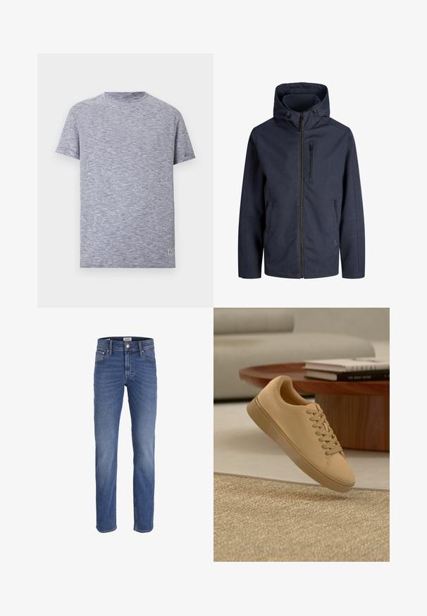 Veste à capuche bleu marine avec fermeture éclair complète à l'avant, poche poitrine zippée et deux poches latérales. Tissu simple et résistant aux intempéries.; T-shirt à manches courtes col rond avec fines rayures horizontales bleu marine et blanches et une petite étiquette rectangulaire près de l’ourlet.; Jean en denim bleu à jambe droite avec fermeture à boutons et zip, poches avant et arrière, et légère décoloration aux cuisses et aux genoux.; Baskets beiges à lacets flottant au-dessus d'un tapis texturé avec une table basse en bois et des livres empilés en arrière-plan flou.