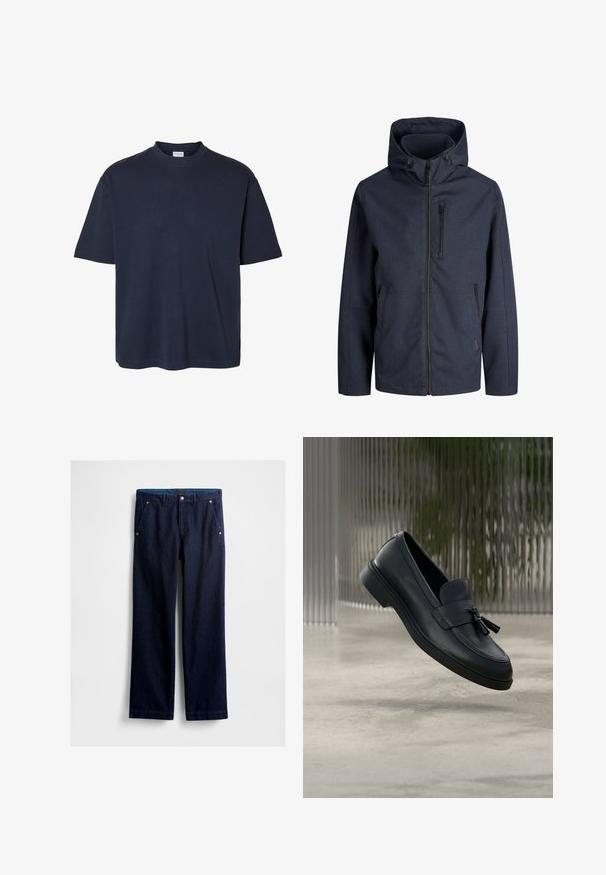 Marineblauwe capuchonjas met volledige voorrits, ritssluiting op de borstzak en twee zijzakken. Eenvoudige, weerbestendige stof.; Effen donker marineblauw T-shirt met korte mouwen, een ronde hals en een reguliere pasvorm, weergegeven op een witte achtergrond.; Marineblauwe spijkerbroek met een rechte pasvorm, voorzien van twee voorzakken, metalen accenten en een gladde afwerking.; Zwarte leren loafers met een gladde textuur, een afgeronde neus en decoratieve kwastjes aan de voorkant. Flexibele rubberen zool met lage hak.