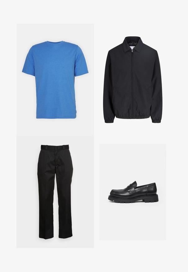 Zwarte jas met ritssluiting, kraag, elastische manchetten en zoom, voorzakken, gemaakt van lichtgewicht stof.; Korte mouwen, ronde hals t-shirt in effen blauw. Gemaakt van zachte, ademende stof met een gladde textuur en zonder patronen of accenten.; Zwarte broek van een gladde stof, met een rechte pijp ontwerp, riemlussen en twee zijzakken. Klassieke uitstraling zonder versieringen.; Zwarte leren loafer met dikke geribbelde zool en pennyriemdetail, getoond in rechter zijprofiel op witte achtergrond.