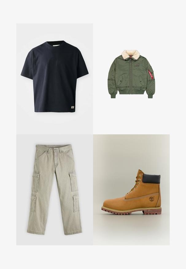 Groene bomberjack met crèmekleurige schapenvachtkraag, frontrits, twee klepzakken en een mouwzak met rode label.; Marineblauwe T-shirt met korte mouwen en ronde hals, voorzien van een klein rechthoekig merklogo nabij de onderzoom aan de rechtervoorkant.; Lichtgrijze cargobroek van katoen. Voorzien van meerdere zijzakken, rechte pijpen en contrasterende stiksels. Voorzien van ritssluiting en knoopsluiting aan de voorkant.; Bruine leren enkellaars met zwarte kraag, gele veters en een zandkleurige zool. Voorzien van een logo en witte stikseldetails. Robuuste loopzool met grip.