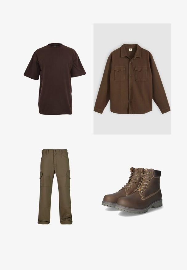 Bruin overhemd met knopen, gemaakt van een getextureerde stof, met een kraag, twee borstzakken en een rechte zoom. Opvallend visgraatpatroon.; Bruine katoen t-shirt met korte mouwen, ronde hals en een relaxte pasvorm. Glad textuur zonder zichtbare patronen of accenten.; Cargo broek in donkergroen olijf, met meerdere zakken, verstevigde stiksels, een rechte pasvorm en een gladde textuurstof.; Bruine leren enkellaarsjes met veters, een geveerd kraagje, contrasterende stiksels en een robuuste rubberen zool met grippatronen.