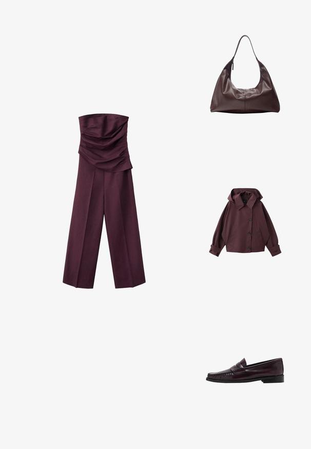 Dunkel kastanienbraune Kapuzenjacke mit weitem Kragen, drei vorderen Knöpfen, zwei Seitentaschen und verstellbaren Bündchen.; Trägerloser Pflaumen-Jumpsuit mit gerafftem, gefaltetem Oberteil und weitem Hosenbein, vor weißem Hintergrund präsentiert.; Dunkelbraune Herrenleder-Pennyloafers mit schwarzer Sohle und Steppdetails entlang der Spitze, im Seitenprofil gezeigt.; Dunkelbraune Lederschultertasche mit einem einzelnen Riemen und einem Reißverschluss auf der einen Seite, weiche, lockere Struktur und glatte Textur.