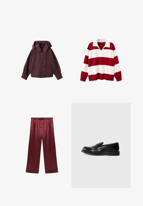 Veste à capuche bordeaux foncé avec col large, trois boutons sur le devant, deux poches latérales et poignets ajustables.; Chemise de rugby à manches longues avec de larges rayures horizontales rouges et blanches et un col blanc sur un fond blanc.; Pantalons larges bordeaux en satin avec une texture lisse, dotés d'une taille haute et de deux poches latérales pour un détail fonctionnel.; Mocassin en cuir noir, avec une finition lisse, un embout arrondi et des détails cousus sur le dessus, doté d'une semelle en caoutchouc texturé pour une meilleure adhérence.