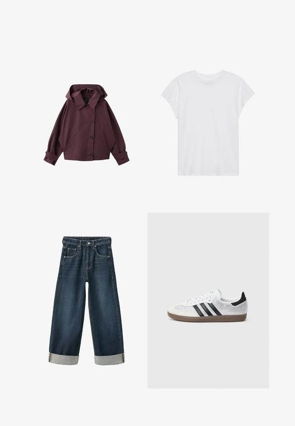 Veste à capuche bordeaux foncé avec col large, trois boutons sur le devant, deux poches latérales et poignets ajustables.; T-shirt blanc à manches courtes, col rond, coupe décontractée, en tissu de coton doux. Texture lisse, sans motifs ni logos.; Jean denim large jambe droite bleu foncé avec ourlets retroussés, poches avant, fermeture par bouton et passants pour ceinture.; Baskets en mesh blanc avec des rayures noires, un embout en daim beige et un accent sur le talon, semelle en caoutchouc texturée, et lacets blancs. Design classique à tige basse.