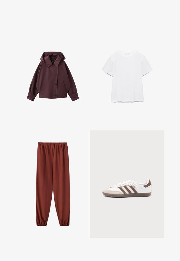 Veste à capuche bordeaux foncé avec col large, trois boutons sur le devant, deux poches latérales et poignets ajustables.; T-shirt blanc uni à manches courtes et col rond, avec un ourlet droit, présenté sur un fond blanc.; Pantalon ample marron rouille avec taille élastique et bas resserrés élastiqués, présenté sur un fond blanc.; Baskets Adidas Samba blanches avec des bandes en daim marron, semelle en caoutchouc marron et bout en daim beige, vues du côté extérieur sur un fond uni.