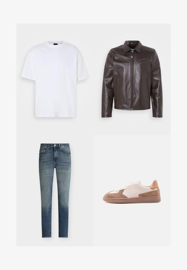 Chaqueta de cuero marrón con un cuello tipo solapa, cremallera frontal y bolsillos laterales. Textura suave con un sutil logotipo en el pecho.; Camiseta de algodón blanca con cuello redondo, mangas cortas y un corte relajado. Presenta costuras de hombro texturizadas para un detalle adicional.; Vaqueros azules de corte slim para hombre con detalles sutiles de desgaste, cierre de botones y diseño de cinco bolsillos.; Zapatilla baja blanca y beige con detalles de ante, laterales perforados, cordones blancos y suela de goma texturizada, mostrada de lado sobre un fondo blanco.