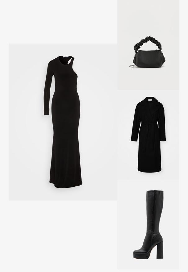 Manteau long noir en tissu doux, avec un large col à revers, des manches longues, une taille ceinturée et des poches latérales.; WAL G. MILA ASYMMETRIC - Robe de cocktail - black; Bottes noires montantes en cuir lisse avec une finition texturée, dotées d'un talon bloc haut et d'un design à bout rond.; Sac à main noir de forme arrondie, fabriqué en matériau lisse. Doté d'une poignée douce et froncée ainsi que d'une bandoulière en chaîne métallique pour plus de polyvalence.