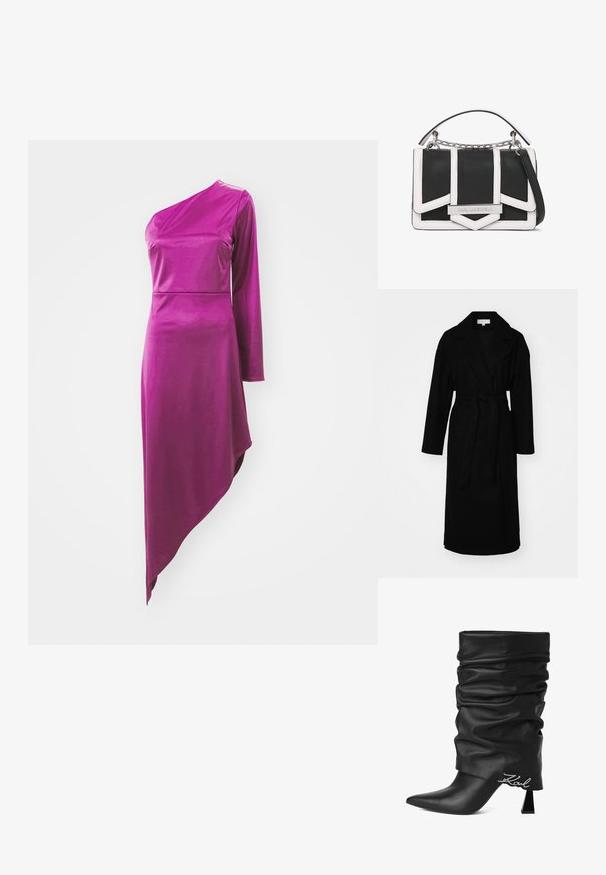 Must musta pika jope pehmest kangast, millel on lai krae, pikad varrukad, vöökoht ja küljetaskud.; WAL G. OLESSIA ONE SLEEVE DRESS - Trikotaažkleit - plum; Mustad lõdisevad kõrge kontsaga nahast saapad, terava varbaosaga ja hõbedase „Karl“ logoga kand lähedal, valgel taustal.; Mustvalge käekott struktureeritud disainiga, valmistatud nahast. Omab geomeetrilisi mustreid, ketti käepidet ja hõbedast logo aktsenti.