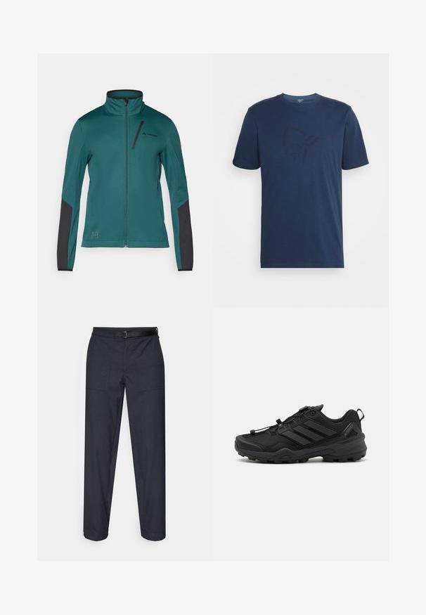 Veste en polaire turquoise avec un col haut, fermeture éclair sur toute la longueur, panneaux d'accent noir sur les manches et une petite poche sur la poitrine. Logo imprimé sur la poitrine.; Norrøna /29 COTTON VIKING T-SHIRT - T-shirt imprimé - indigo night/sky captain; Pantalons bleu marine foncé à coupe droite, dotés de deux poches avant, d'une ceinture noire ajustable et d'une texture lisse.; Chaussure de sport noire avec une tige en maille texturée, des accents synthétiques contrastants et une semelle en caoutchouc robuste. Comprend un système de laçage sécurisé et un onglet à l'arrière.
