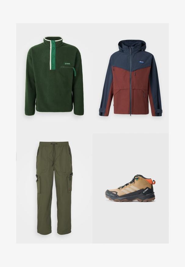 Penfield NORTHRIM RAIN JACKET - Hardshell-jas - rum raisin; Groene fleece pullover met een hoge kraag, voorzien van een contrasterende witte rits, drukknoopjes en een ritszak op de borst. Gelaagd stof.; Olijfgroene cargobroek van lichtgewicht stof, met een elastische tailleband, striksluiting en meerdere met rits gesloten zakken.; Bruine en zwarte wandelschoen met mesh-panelen, drie witte strepen, een versterkte neus en een rubberen zool met structuur voor grip.