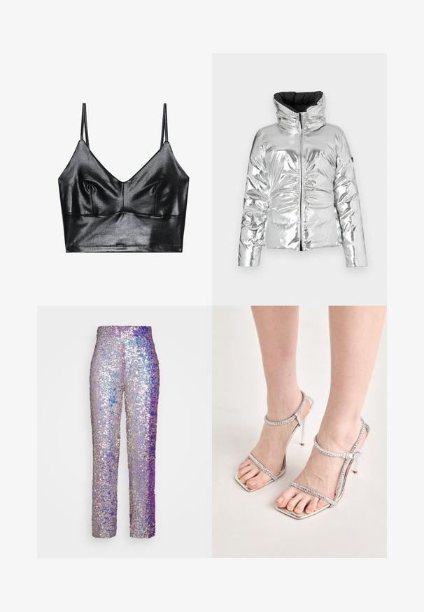 Doudoune argentée avec une surface brillante et réfléchissante, col monté, fermeture éclair et texture matelassée. Accentuée d'un intérieur noir.; Bralette noire et brillante avec des fines bretelles réglables, présentant un décolleté en V, une texture lisse et un léger plissé au niveau de la poitrine pour la forme.; VACLAV IRRIDESCENT SEQUIN PANTS - Pantalon classique - purple; Pieds portant des sandales à talons hauts argentées avec de fines lanières et des pointes carrées, se tenant sur une surface de couleur claire.