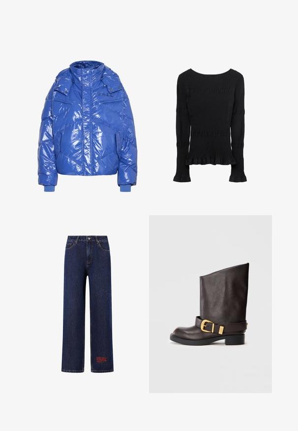 Blå pufferjakke med en blank finish, der har høj krave, lynlås foran og lommer på brystet og siderne.; Sort langærmet ribstrikket sweater med tætsiddende silhuet og flæsekant ved kant og manchetter.; Mørkeblå denimjeans med lige ben, forlommer, knap- og lynlåslukning samt lille rød broderet Don Ed Hardy-logo nær den nederste kant.; Mørkebrune læderstøvler til midt på lægen med sort sål, lav hæl og dekorativt guldbuckle-strap rundt om anklen, vist fra siden.