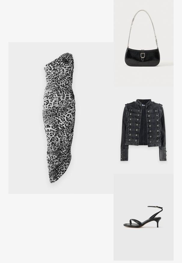 Čierna krátka vojenského štýlu rifľová bunda s kovovými gombíkmi a stojatým golierom, označená zvnútra ako The Kooples.; Čierno-biela leopardia potlač na šatách s jedným ramenom, ktorý je zdobený zručenou látkou a priliehavým strihom, s asymetrickým lemom.; Čierne kožené sandále pre ženy s tenkými remienkami, očkom na palec, prackou na členku a stredne vysokým ihličkovým podpätkom na neutrálom pozadí.; Čierna lakovaná kožená kabelka na rameno so striebornou prackou a strieborným reťazovým remienkom, zobrazená na jednofarebnom svetlom pozadí.