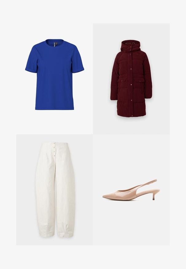 Abrigo acolchado burdeos con capucha, hecho de pana. Presenta botones a presión, dos bolsillos frontales y un diseño de longitud media. Superficie texturada.; Camiseta lisa de color azul real con mangas cortas, dobladillo en las mangas y cuello redondo, mostrada sobre un fondo blanco.; Pantalones crema de talle alto y pierna ancha con finas rayas verticales negras y cuatro botones en la pretina delantera.; Zapato slingback de charol beige con punta afilada y tacón bajo estilo kitten, mostrado de perfil sobre un fondo blanco.