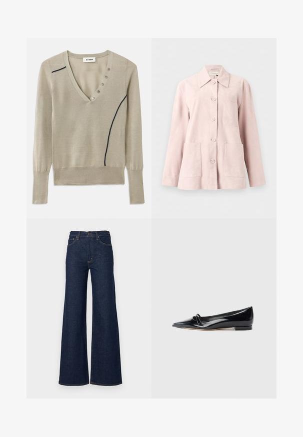 Veste en daim rose clair avec manches longues, devant boutonné, col ouvert, une poche poitrine et deux poches plaquées devant.; Pull à col en V tricoté en beige clair, avec une ligne d'accent marine et un détail de cinq boutons sur le devant, doté de manches longues et de poignets côtelés.; Jean en denim bleu foncé à jambes larges avec taille haute, design à cinq poches, fermeture par bouton, et coutures contrastées le long des coutures.; Chaussure plate en cuir verni noir avec un bout pointu, une petite lanière décorative et un petit talon carré. Texture lisse et design épuré.