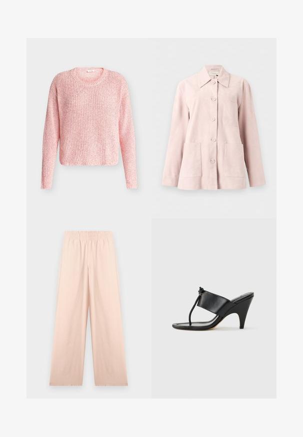 Veste en daim rose clair avec manches longues, devant boutonné, col ouvert, une poche poitrine et deux poches plaquées devant.; Pull en tricot rose clair avec manches longues et col rond, présenté sur un fond gris neutre.; Pantalon beige à jambes larges avec une ceinture élastique, une texture lisse et sans poches apparentes, présenté à plat sur un fond blanc.; Sandale noire à talon haut avec une large bride avant et une boucle d'orteil dotée d'un détail de corde nouée, vue de profil sur fond blanc.