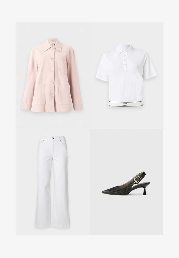 Veste en daim rose clair avec manches longues, devant boutonné, col ouvert, une poche poitrine et deux poches plaquées devant.; Polo blanc à manches courtes avec quatre boutons et un ourlet bordé de noir affichant le texte "JOOP! JEANS" au centre en bas.; Jean en denim blanc taille haute avec fermeture à bouton et zip, poches avant et jambes larges.; Chaussure slingback noire avec un bout pointu, texture en maille tissée et accent de boucle au talon. Talon fin et courbé. Détails en cuir lisse.