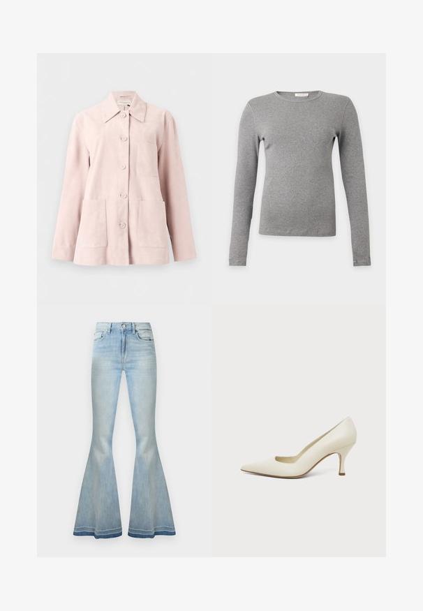 Veste en daim rose clair avec manches longues, devant boutonné, col ouvert, une poche poitrine et deux poches plaquées devant.; T-shirt gris uni à manches longues avec col rond, coupe slim et sans motifs ni logos visibles sur un fond clair.; Jean en denim bleu clair taille haute avec jambes évasées, fermeture avant par boutons et zip, poches devant et derrière.; Chaussure à talon haut en cuir couleur crème, à bout pointu et talon fin de hauteur moyenne, sur un fond clair uni.