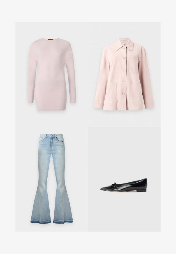 Chaqueta de ante rosa claro con mangas largas, cierre de botones, cuello abierto, un bolsillo en el pecho y dos bolsillos de parche delanteros.; Top de manga larga de color rosa claro con cuello redondo, que presenta detalles de costura diagonal y una textura suave.; Vaqueros denim azul claro de tiro alto con piernas acampanadas, cierre frontal con botones y cremallera, y bolsillos delanteros y traseros.; Zapato plano de charol negro con punta afilada, pequeña tira decorativa y tacón bajo. Textura suave y diseño elegante.