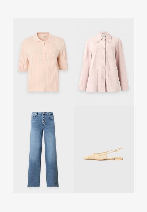 Veste en daim rose clair avec manches longues, devant boutonné, col ouvert, une poche poitrine et deux poches plaquées devant.; Polo en maille rose pâle à manches courtes avec texture côtelée, patte de boutonnage à trois boutons et col doux. Tissu lisse, coupe décontractée.; Jean en denim bleu clair à jambes droites avec une taille haute et cinq boutons métalliques apparents sur la fermeture éclair avant.; Chaussure plate slingback en beige clair avec une tige en maille, un bout pointu et un petit talon. Dotée d'une sangle ajustable pour un bon maintien.