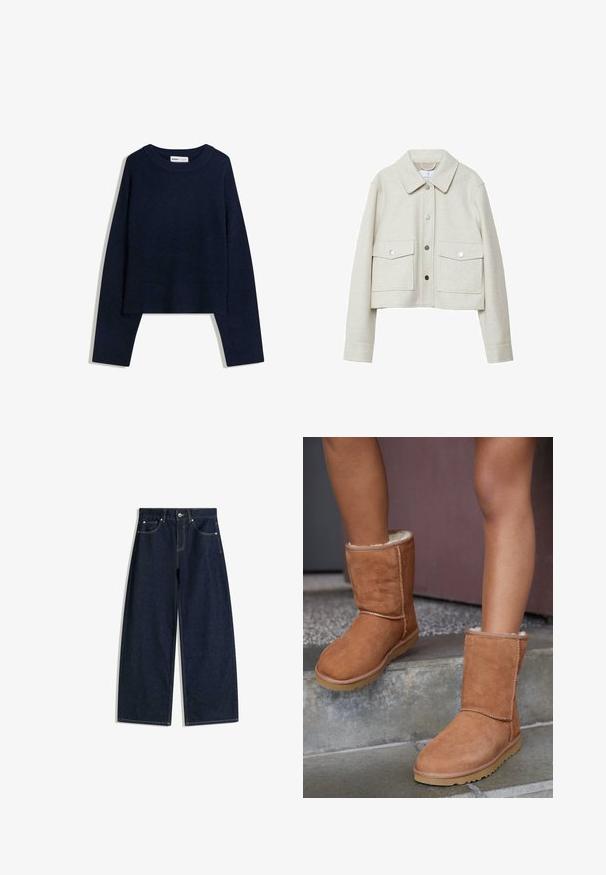 Cremefarvet cropped jakke lavet af filtede stoffer, med krave, frontknaplukning og to store klaplommer.; Mørkeblå sweater lavet af blødt materiale, med en rund halsudskæring, lange ærmer og ribbede kanter ved nedre del og håndled, samt et cropped design.; Mørkeblå bukser i denim med vid ben, forlommer, knaplukning og synlige sømme på hvid baggrund.; Brune ruskind ankelstøvler med rund tå, blødt foer og gummisål, der har synlige stikninger langs sømmene.
