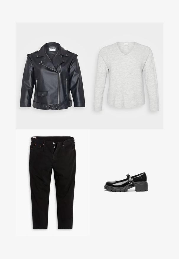 Schwarze Leder-Motorradjacke mit einem eingekerbten Kragen, asymmetrischem Reißverschluss, seitlichen Taschen und einem Gürtel in der Taille. Strukturiertes Finish und metallische Hardware.; Hellgrauer Langarmpullover mit geripptem Textur, V-Ausschnitt und leicht abgerundetem Saum. Weiches Material mit subtilen Mustervariationen.; Schwarze Jeanshose mit geradem Bein. Verfügt über fünf Taschen, Metallknopfverschluss und orangefarbene Nähtigkeiten. Aus Baumwollmaterial.; Schwarzer lackleder Mary Jane Schuh mit einem klobigen Absatz, runder Spitzenform und einem Riemen mit einer herzförmigen Schnalle.