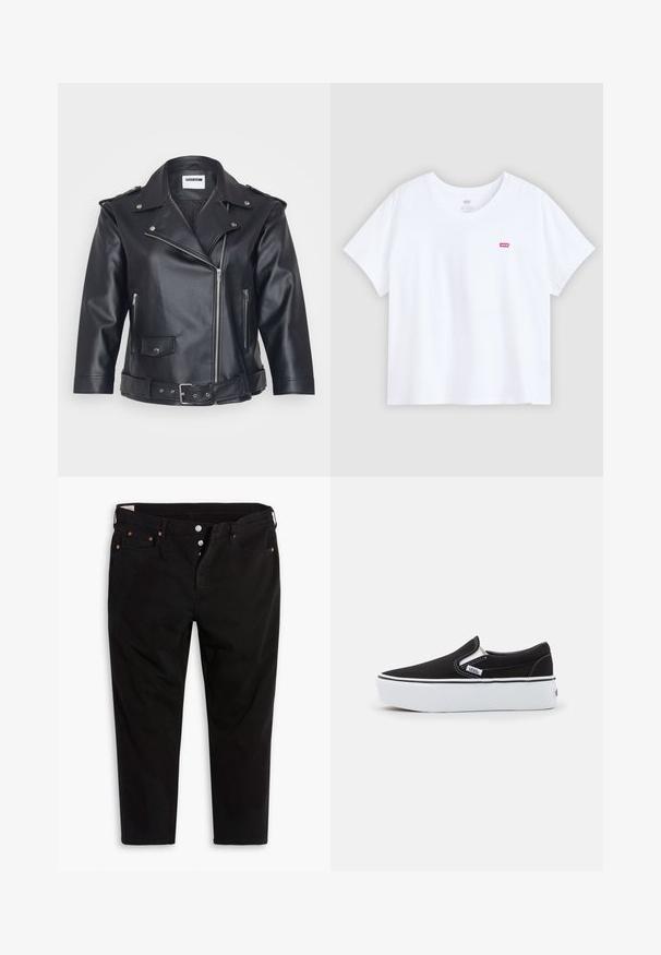 Schwarze Leder-Motorradjacke mit einem eingekerbten Kragen, asymmetrischem Reißverschluss, seitlichen Taschen und einem Gürtel in der Taille. Strukturiertes Finish und metallische Hardware.; Weißes Baumwoll-T-Shirt mit kurzen Ärmeln und Rundhalsausschnitt. Mit einem kleinen roten Logo auf der linken Brust. Glatte Textur und locker sitzend.; Schwarze Jeanshose mit geradem Bein. Verfügt über fünf Taschen, Metallknopfverschluss und orangefarbene Nähtigkeiten. Aus Baumwollmaterial.; Schwarze Canvas-Slipper mit weißer Gummisohle, ausgestattet mit elastischen seitlichen Akzenten und kontrastierenden Nähten. Markenlogo auf der Seite sichtbar.
