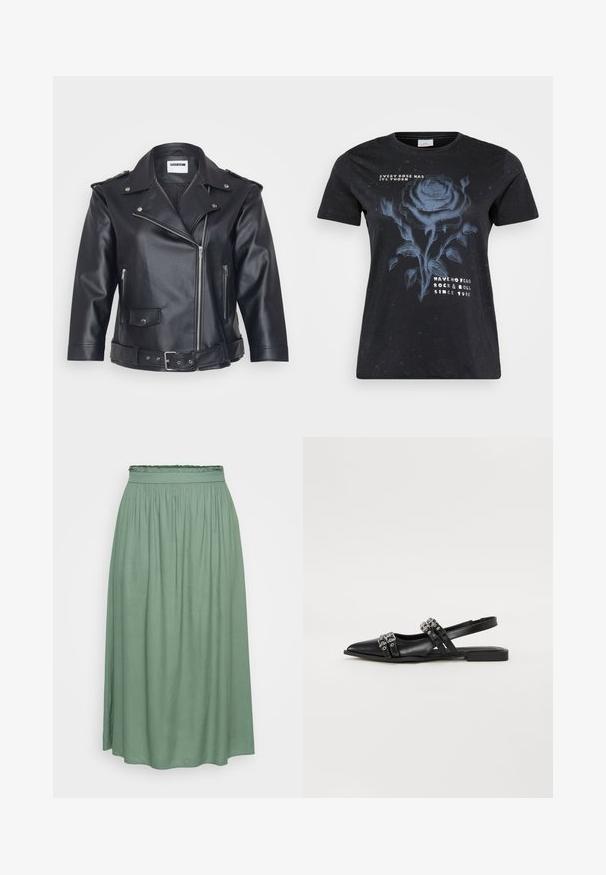 Sort lædermotorcykeljakke med spids krave, asymmetrisk lynlås, sidelommer og bælte i taljen. Tekstureret overflade og metallisk hardware.; ONLY Carmakoma CARMIKO WASHED SS REG TEE JRS - T-shirts print - black; Grøn midi-nederdel med en samlet elastisk talje, glat tekstur og flodende design, der har en let A-form og ingen mønstre.; Even&Odd by Zalando Slingback-ballerinasko - black