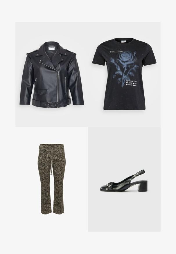 Sort lædermotorcykeljakke med spids krave, asymmetrisk lynlås, sidelommer og bælte i taljen. Tekstureret overflade og metallisk hardware.; ONLY Carmakoma CARMIKO WASHED SS REG TEE JRS - T-shirts print - black; Buks med elastisk talje og snøre i khaki og beige zebra mønster. Mellemhøj talje, flared ben design, blød tekstur. Velegnet til afslappet brug.; Sorte læder slingback hæl med spids tå, tekstureret rem med cirkulære metalliske accenter, og en stablet blokhæl.