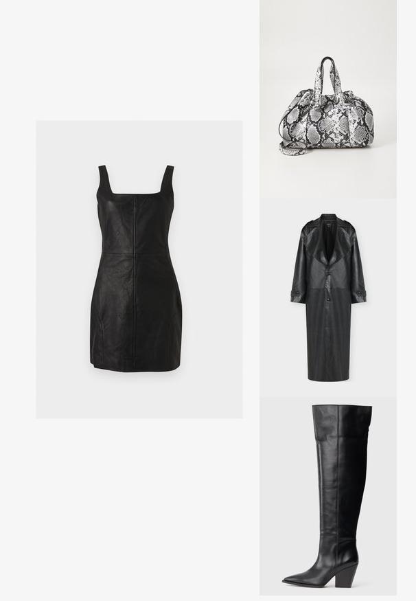 Manteau en cuir noir à silhouette longue, larges revers et fermeture à boutons sur le devant, avec des détails aux poignets et une texture lisse.; Mini-robe noire sans manches en similicuir avec encolure carrée et détails visibles de coutures verticales et horizontales.; Botte noire en cuir, à bout pointu, avec un talon bloc haut et anglé, et des coutures verticales le long de la tige.; Sac à main en motif peau de serpent noir et blanc avec deux poignées, une fermeture à cordon et une bandoulière amovible. Texture lisse.