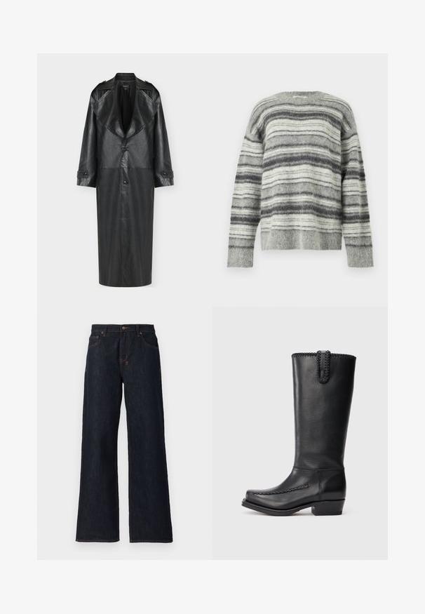 Sort læderfrakke med lang silhuet, brede revers og knaplukning foran, med detalje ved manchetten og glat tekstur.; Gråstribet sweater lavet af blødt, blødt materiale. Har vandrette striber i forskellige nuancer af grå og hvid. Rund hals, lange ærmer.; Mørkeblå vidde jeans lavet af denim, med orange syninger, to frontlommer og en knaplukning i taljen.; Sort læderstøvle til midt på læggen med flettet kant langs topkant og front søm, med lav kraftig hæl og rund firkantet tå.