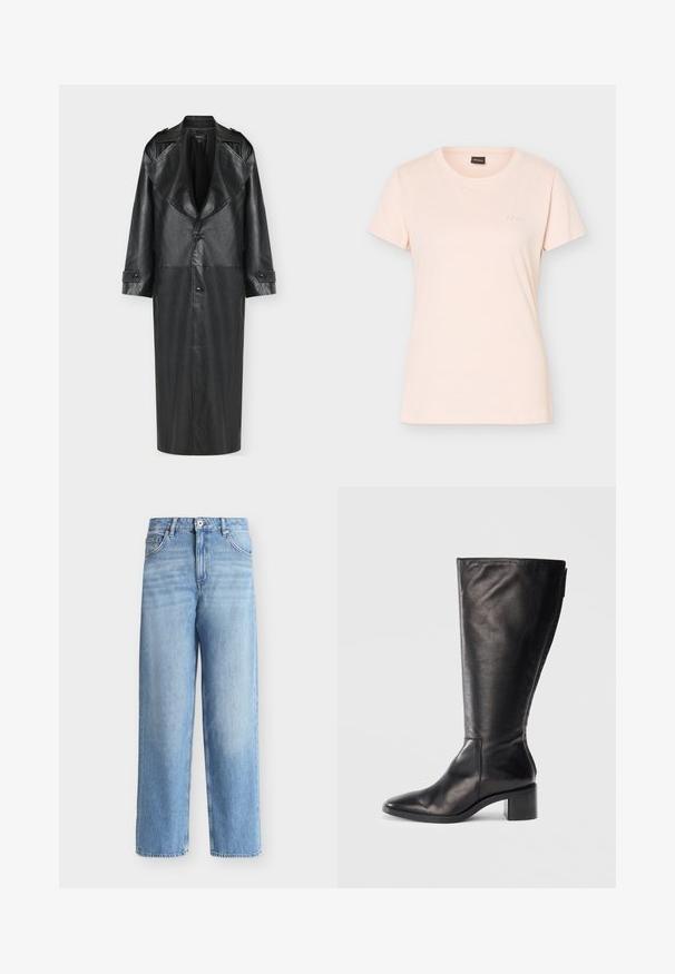 Manteau en cuir noir à silhouette longue, larges revers et fermeture à boutons sur le devant, avec des détails aux poignets et une texture lisse.; T-shirt rose clair à manches courtes avec col rond, petit logo BOSS embossé sur la poitrine gauche et étiquette noire à l'intérieur du col.; Jean bleu clair taille haute à jambes droites avec fermeture avant à boutons et zip, passants de ceinture et poches avant sur fond blanc.; Botte noire en cuir montante, avec un bout carré, un talon large et un design épuré. Texture lisse avec une fermeture éclair sur le côté pour un enfilage facile.