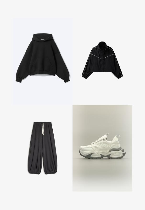 Schwarze kurze Jacke mit hohem Kragen und weißen diagonalen und Ärmel-Einfassungen, elastischen Bündchen und vorderen Taschen mit Reißverschluss.; Schwarzer Hoodie mit langen Puffärmeln, Kängurutasche und einem Etikett innen am Halsausschnitt vor hellem einfarbigem Hintergrund.; Lockere dunkelgraue Hose mit elastischem Bund, weißem Kordelzug und elastischen Bündchen an den Knöcheln, auf weißem Hintergrund dargestellt.; Weiß-grauer klobiger Sneaker mit strukturierter Sohle, Zuglaschen an Zunge und Ferse und detailliertem Paneeldesign am Obermaterial.