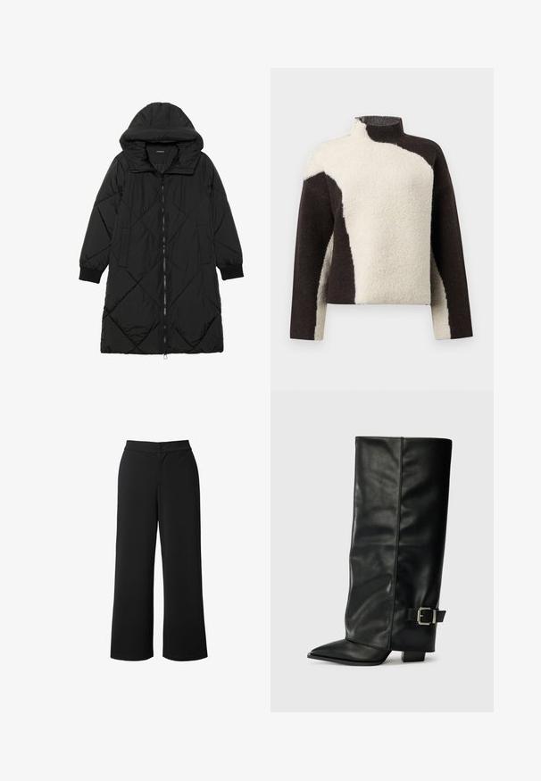 Sort quiltet pufferjakke med hætte, med lynlåslukning, sidelommer og elastiske manchetter. Glat, vandafvisende stof.; Fleece trøje med høj krave, der har et farveblokeret design i mørkebrun og cream, og som udstråler en blød, tekstureret overflade.; Sorte bukser med bred benvidde lavet af glat, letvægtsstof. Har en fronknaplukning og sidelommer for funktionalitet.; Sorte læder ankelstøvler i ankellængde med spids tå, glat tekstur og en sølvspændeaccents på siden. Kraftig firkantet hæl.