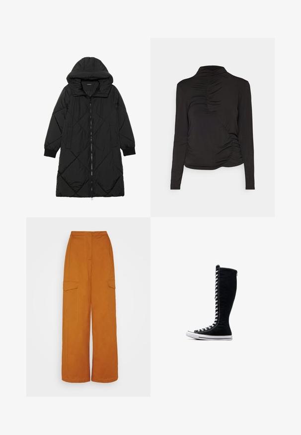Must-havesinise mustris quiltitudis puffer jakk, millel on kapuuts, tõmblukk, küljetaskud ja elastsed varrukad. Sile, veekindel kangas.; ONLY ONLBEA HIGH NECK RUCHING TOP - Pikkade varrukatega topp - black; 87Origins TROUSERS - Kargopüksid - ginger; Mustad mustad ketsid, millel on pikk disain, valmistatud kanvasest. Omavad valgeid paelu, õmblusi ja kummist tallat, millel on varbapatja kate.