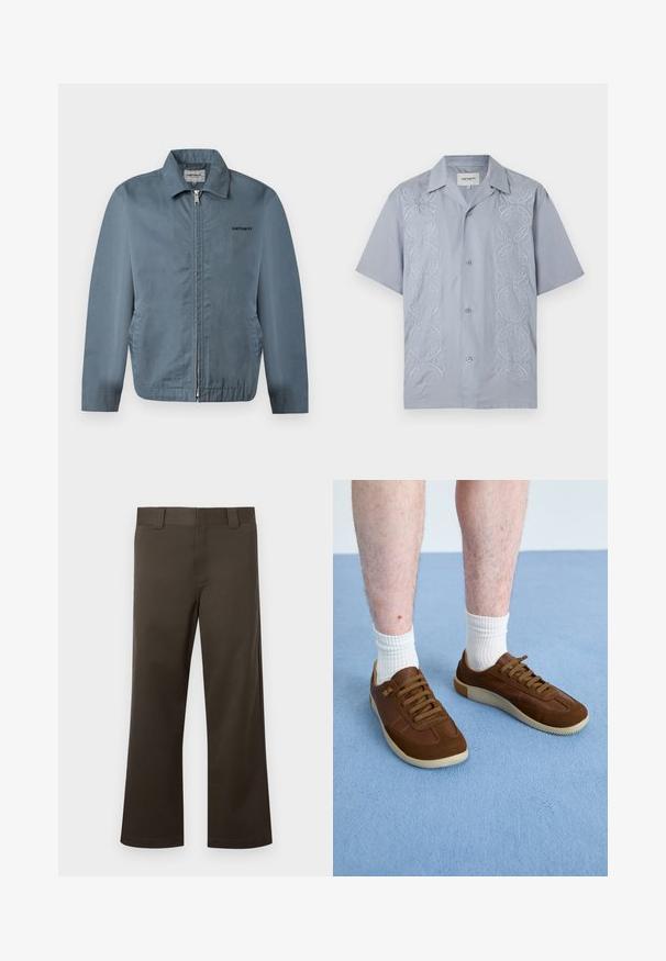 Veste zippée bleu pour homme avec col et poches latérales, arborant un petit logo Carhartt noir sur la poitrine gauche.; Chemise bleu clair à manches courtes avec deux rangées verticales de volutes abstraites brodées en blanc sur les côtés avant.; Pantalon marron à jambes droites en tissu robuste, avec un devant plat, des passants pour ceinture et un ourlet simple. Sans motifs ni accessoires visibles.; Baskets marron en daim et en cuir, dotées d'une semelle en caoutchouc, d'une forme arrondie et de six œillets avec des lacets marron assortis.