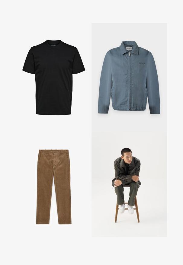 Blauwe herenjas met rits, kraag en zijzakken, voorzien van een klein zwart Carhartt-logo op de linkerborst.; Eenvoudig zwart T-shirt met korte mouwen, ronde hals en een normaal model zonder zichtbare patronen of logo's.; Bruine corduroy broek met zijzakken, riemlussen en een knoopsluiting, plat weergegeven op een witte achtergrond.; Jonge man in een donkere leren jas en spijkerbroek zit op een houten kruk, leunt naar voren met gekruiste armen en kijkt naar de zijkant tegen een witte achtergrond.