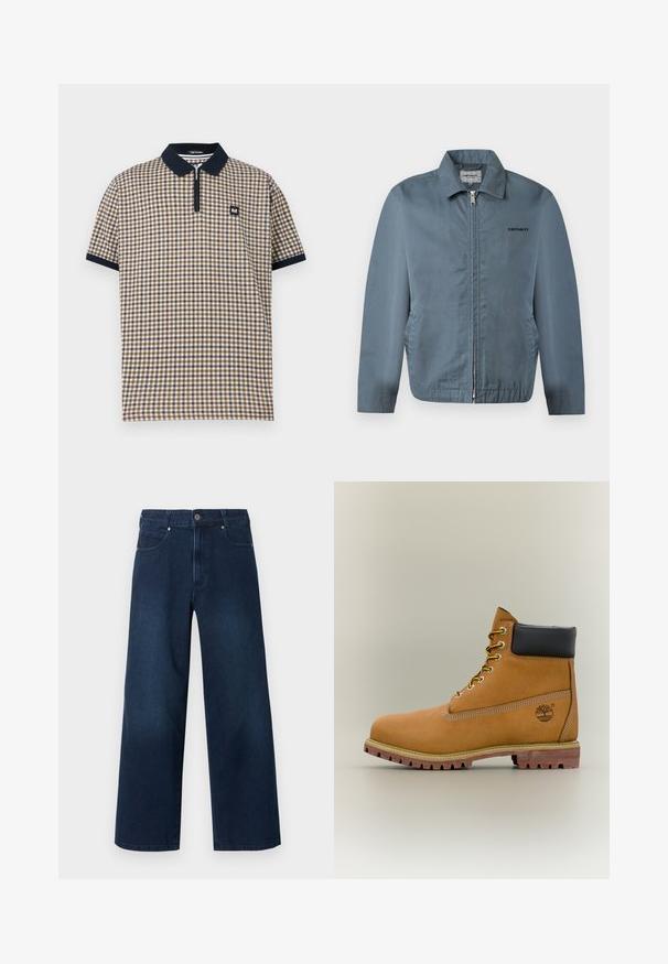 Veste zippée bleu pour homme avec col et poches latérales, arborant un petit logo Carhartt noir sur la poitrine gauche.; Polo à manches courtes avec un motif à carreaux beige, marron et blanc, col noir et poignets de manches, fermeture éclair frontale et petite écusson logo sur la poitrine.; Jean denim bleu foncé à jambes larges avec fermeture avant à bouton et zip, poches avant et arrière, présenté sur fond blanc.; Bottine en cuir marron avec col noir, lacets jaunes et semelle beige. Présente un logo et des détails de couture blanche. Semelle extérieure à traction robuste.