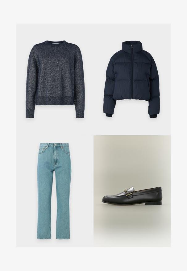 Veste matelassée marine avec une texture côtelée, un col haut et une fermeture éclair à l'avant. Design cropped avec des poignets élastiques. Convient pour le temps frais.; Pull en maille bleu marine avec un col rond, des manches longues et une finition texturée avec des fils métalliques subtils.; Jeans bleu clair taille haute avec une coupe droite. Fabriqués en denim, comportent des poches frontales et une fermeture à bouton.; Mocassin en cuir noir avec dessus argenté, détail de chaîne dorée, petit talon et bout arrondi sur fond neutre.