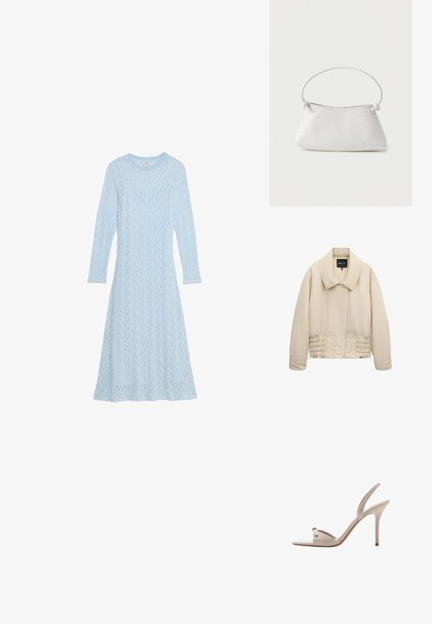 Beige cropped jack met brede kraag, lange mouwen, gestikte details langs de taille en een verborgen voorsluiting.; Lichtblauw langemouwen jurk gemaakt van getextureerde brei-stof met een ronde hals. Heeft een vloeiende silhoutte en een subtiel patroon.; Beige sandaal met hoge smalle hak, open teen en een smalle band over de voet en rond de enkel.; Witte handtas van gevlochten leer met een afgeronde handgreep en uiteinden van de band die geknoopt zijn, afgebeeld tegen een effen achtergrond.