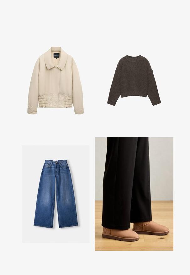 Beige cropped jack met brede kraag, lange mouwen, gestikte details langs de taille en een verborgen voorsluiting.; Bruine, korte trui met een gestructureerd gebreid ontwerp, wijde mouwen en een geribde halslijn, met een ontspannen pasvorm.; Wijd uitlopende blauwe spijkerbroek met voorkanten, riemlussen en knoopsluiting, plat liggend op een lichte achtergrond.; Bruine suède enkellaarzen met een platte rubberen zool, ronde neus en minimale stiksels, gedragen met zwarte brede broek op een houten vloer.