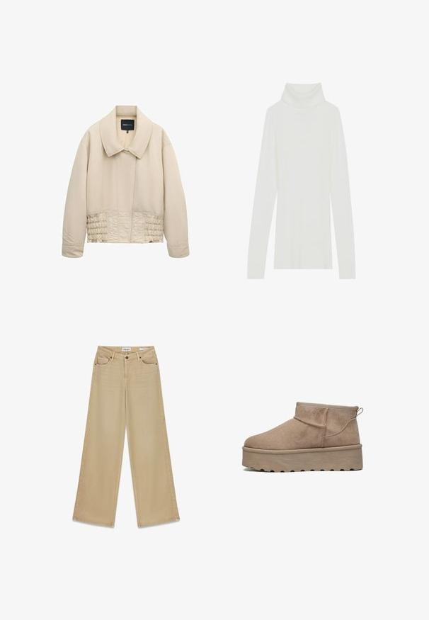 Beige cropped jakke med bred krave, lange ærmer, syninger langs taljen og en skjult lukning foran.; Hvid ribbet turtle neck striktrøje med lange ærmer, blød tekstur og høj rullekrave, der har en tætsiddende design uden synlige lukninger.; Lyse beige jeans med vide ben lavet af denim med to forlommer og lukning med knap. Har enkle linjer og minimal syning.; Beige suede ankelstøvle med rund tå, elastisk krave og en tykk platformsål med dybe riller for greb. Flad, strømlinet design.