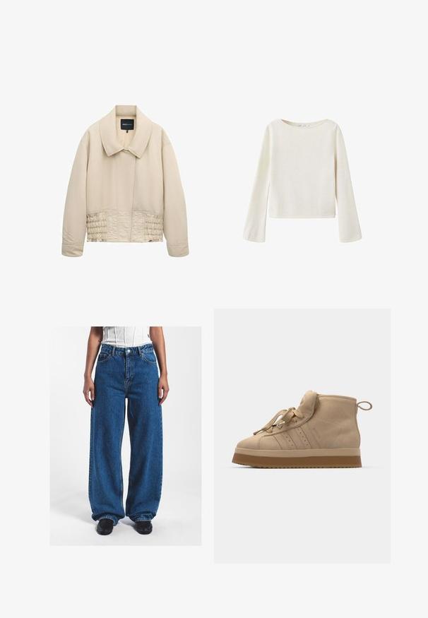Beige kurz geschnittene Jacke mit weitem Kragen, langen Ärmeln, abgesteppten Details entlang der Taille und verdecktem Frontverschluss.; Off-white Langarmpullover mit weitem Rundhalsausschnitt und leicht ausgestellten Ärmeln, aus weichem Strickstoff gefertigt.; Weite blaue Jeans aus Denim mit hoher Taille, Knopfverschluss, Fronttaschen und einer leicht verwaschenen Textur.; Beige Wildleder-Hochtop-Sneaker mit einer dicken Gummisohle, ausgestattet mit einer umklappbaren Zunge, runder Spitze und dekorativen Schnürsenkeln.