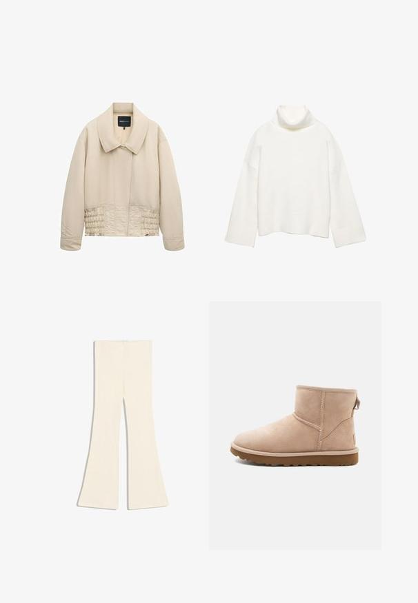 Veste beige courte avec col large, manches longues, détails cousus le long de la taille et fermeture avant cachée.; Pull à col roulé blanc en tissu doux, présentant une coupe décontractée, des épaules tombantes et des poignets et un ourlet larges côtelés.; Pantalon en maille côtelée couleur crème avec design de jambes évasées, présenté à plat sur un fond blanc.; Bottine en daim beige à bout arrondi, avec des accents cousus et une semelle en caoutchouc brun texturé. Elle se distingue par une languette à l'arrière.
