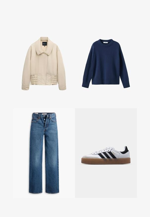 Beige cropped jakke med bred krave, lange ærmer, syninger langs taljen og en skjult lukning foran.; Marineblå strikket sweater med ribbet rund halsudskæring, lange ærmer og ribbet kant. Blød tekstur, afslappet design og rummelig pasform.; Blå denim jeans med en vid benstruktur, fem lommer, knaplukning og kontraststing. Strukturstof med en falmet overflade.; Hvide lædersneakers med sorte striber, gummirubber sål, rund tå, snørelukning og blød grå ruskinds tåhætte.